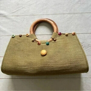 Unbranded bohemian round wooden handles Boho straw wooded beaded tote bag